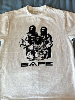 Bape White Tee with Yellow Tag and Multicolor Logo
